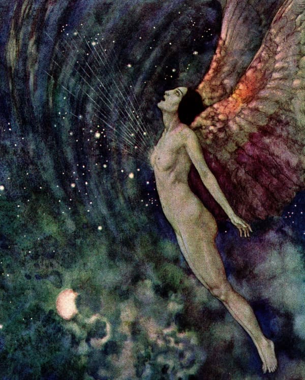 Here we show a portion of 'Israfel' - it is from the suite by Edmund Dulac published in "The Bells and Other Poems" (1912).