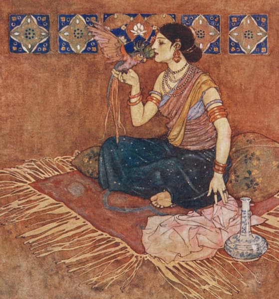 Here we show a portion of 'Pirouze, the fairest and most honourably born' - it is from the suite by Edmund Dulac published in "Stories from the Arabian Nights" (1907).