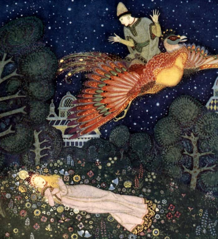 Here we show a portion of 'There he found the Princess asleep ...' - it is from the suite by Edmund Dulac published in "Edmund Dulac's Fairy-Book" (1916).
