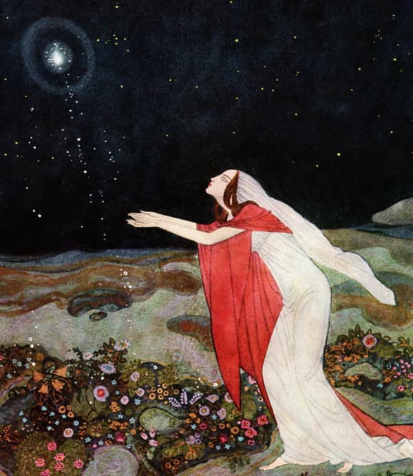 Here we show a portion of 'The light she had thought to extinguish had escaped from her dying hands ...' - it is from the suite by Edmund Dulac published in "The Stealers of the Light" (1916).