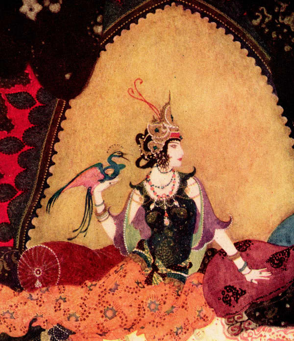 Here we show a portion of 'She would sit for hours, with the bird perched on the back of her hand ...' - it is from the suite by Edmund Dulac published in "Edmund Dulac's Picture Book for the French Red Cross" (1915).