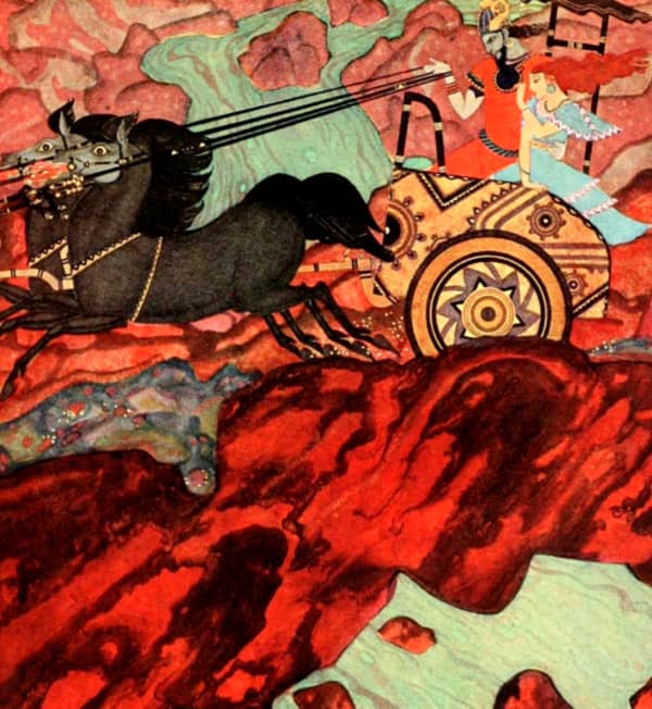Here we show a portion of 'On went the chariot ...' - it is from the suite by Edmund Dulac published in "Tanglewood Tales" (1918).