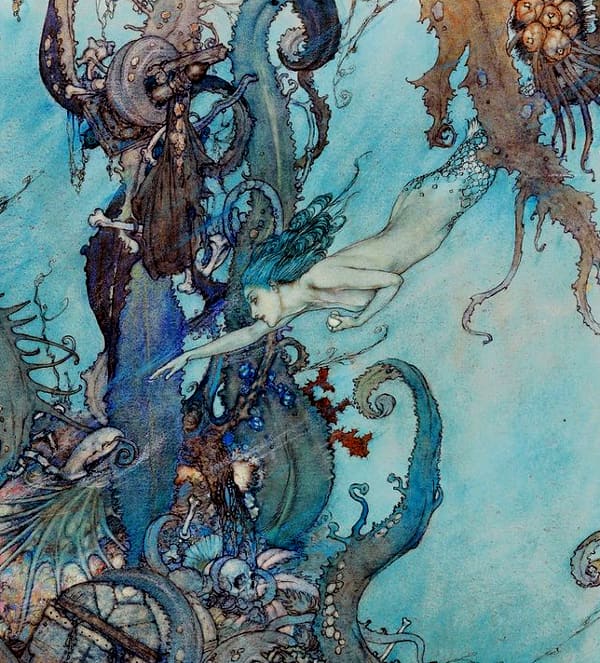 Here we show a portion of an illustration associated with 'The Little Mermaid' - it is from the suite by Edmund Dulac published in "Stories from Hans Anderson" (1911).