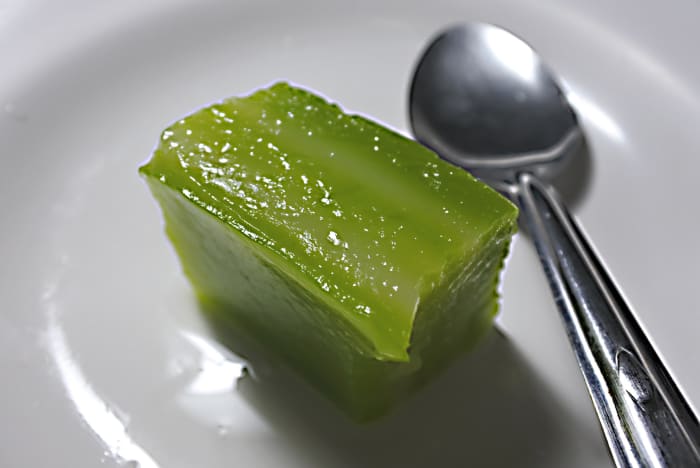 Thai style jelly (UK) or jello (USA) flavoured with coconut milk. The green colouration is derived from pandanus palm leaves