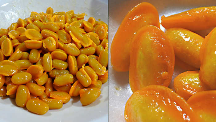 'Med Khanoon' - yellow mung beans are used in Thai flavouring, but can also be eaten as a dessert, blended with sugar, coconut milk and egg yolk and syrup. The finished sweet is shown in close-up on the right