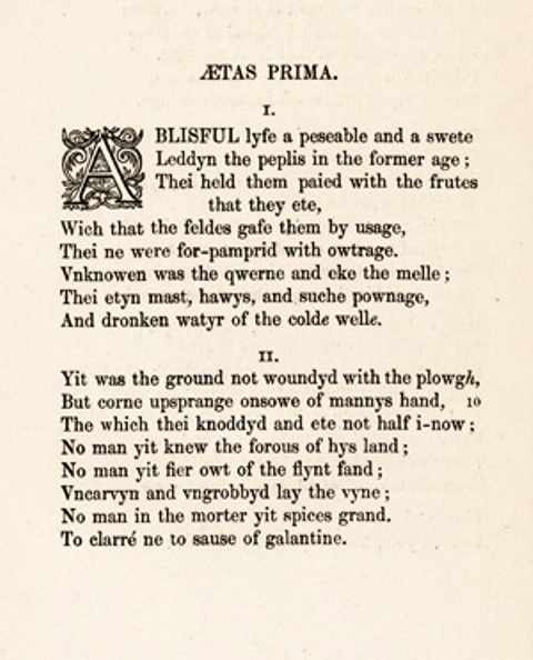 Text from Chaucer in the Middle English of the day. Norman lords who spoke an archaic form of French were ridiculed when they visited their kin and lands. A form of court English developed that harked back both to Norman French and Old English