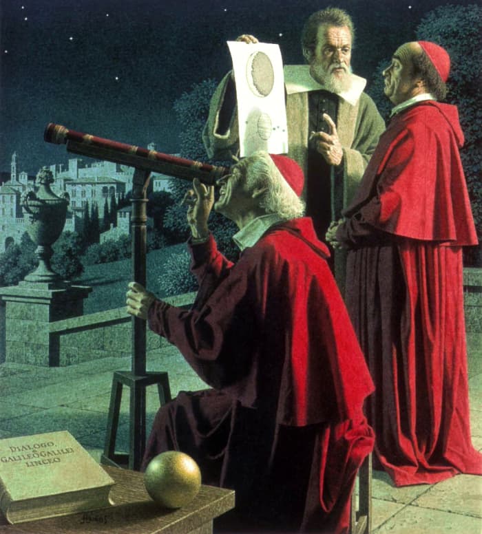 Galileo Galilei looking through his telescope with a church representative pulling a face because he is being shown the earth going round the sun.