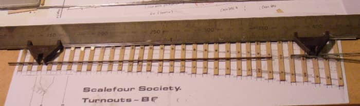 Scalefour turnout template showing some of the tools applied to creating pointwork with scale sleeper spacing