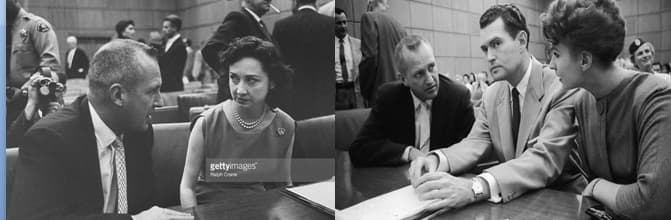 Left photo - Dorothy Kilgallen interviewing murder defendant Dr. Bernard Finch. Right photo - Finch (left) and fellow defendant/mistress Carole Tregoff.