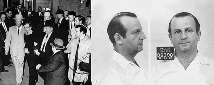 Left: Jack Ruby shooting Lee Harvey Oswald in the basement of the Dallas Police station. Right: Ruby's mug shot.