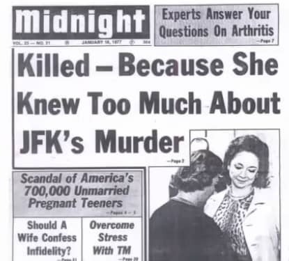 Dated January 1977, 12 years after Dorothy Kilgallen's death, this was the front page of the tabloid paper "Midnight," which later became the "Globe."
