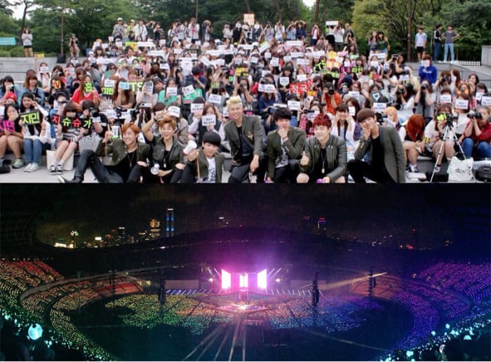 (Above) BTS first fan meeting had no more than 150 attendees. (Below) BTS' Love Yourself: Answer world tour kicks off with a concert at theSeoul Olympic Stadium, selling out more than 90,000 tickets.