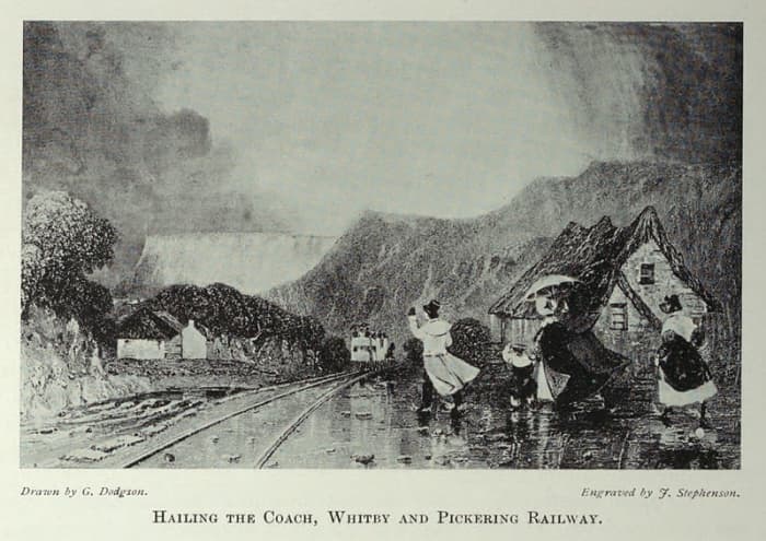 "Hailing the coach", from Tomlinson North Eastern Railway. Author was a youth when the W&PR began to operate - the scene is probably set at Levisham, with heights on either side of the line