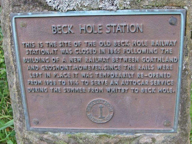 Plaque at Beck Hole marks the site of the original station, removed early in the 20th Century, at the foot pf the Goathland incline