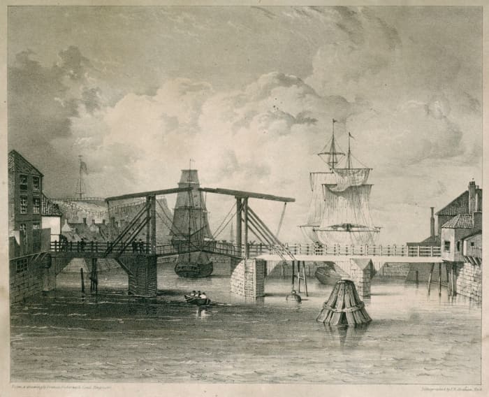 Whitby Harbour, 1833, the scene of new enterprise on land also saw the demolition of the old harbour lift bridge by Messrs Craven who had the contract for a new one