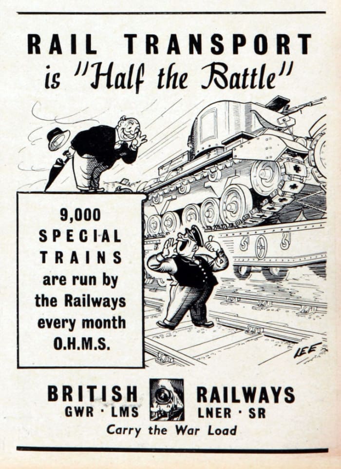 "Rail transport is half the battle won!" this poster boldly cries out. The chubby City gent with his rolled up brolly and bowler hat would prefer the first class compartment he's used to on his way to Warerloo Station. Tanks come first... sorry mate