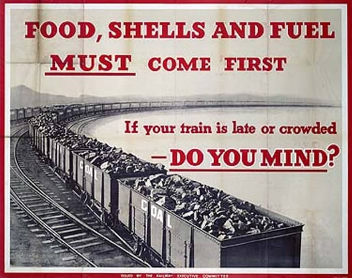 "Food, shells and fuel must come first... do you mind?" If it shortened the war, most passengers were only too willing to give priority to war traffic