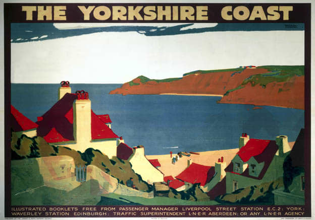 The Yorkshire coast - 1932 poster by Andrew Johnson. Accommodation could be found at farms, bed & breakfasts, hostels or hotels. Beach or hiking holiday? Try Robin Hood's Bay with camping coaches, wide vistas over moor and dales