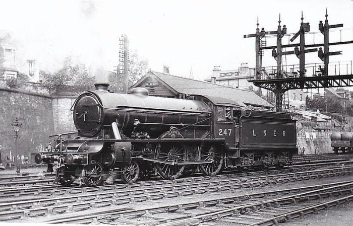 A further development of the D49 was Class D49/2 named after fox hunts in he LNER area. No. 247 'The Blankney' pf Hull Botanic Gardens shed is seen here by Falsgrave signal cabin, Scarborough