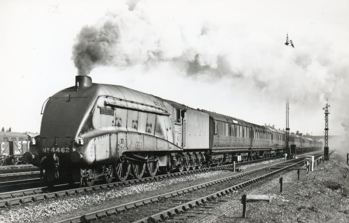 Class A4 4462 'Great Snipe' brings an express through New Southgate in the north London suburbs during the 1930s