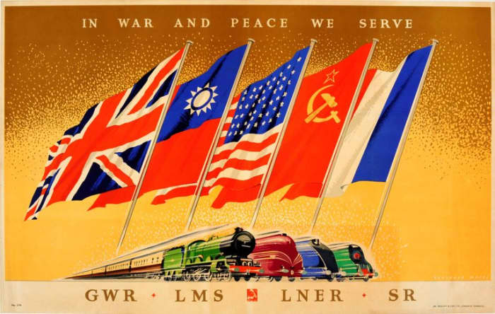 An ambitious wartime poster, 'In War And Peace' displays the flags of the Allies -were we to expect the Nationalist Chinese and Soviet Russians to travel on Britain's war-torn railway system?