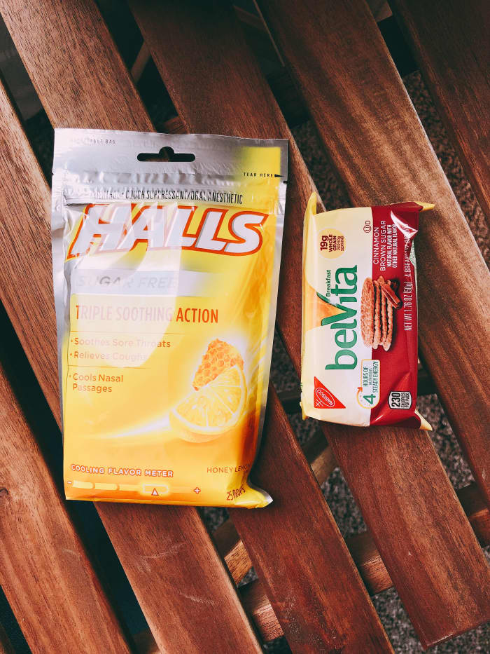 Take some snacks with you, whether it’s something from home or you pick up something at the airport. Even though on flights where they do feed you, it’s never really good food. I hate airline food, so I'd happy with a packet of cookies.