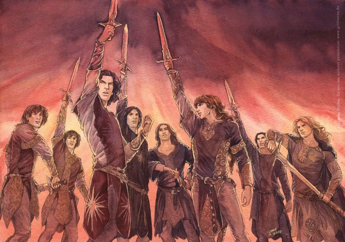 By artist Jenny Dolfen. The declaration of the Oath byt Feanor and his sons was followed by an violent urge by many of the hot-blooded Noldor to return to Middle-earth in rebellion. However it also show cases Finarfin's own power of persuasion.
