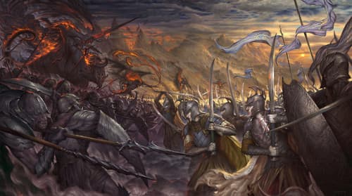 Artist: Firat Solhan Title: War of Wrath. The final conflict of an Ages' long conflict between the Valar and their evil kin would have been personal to Finarfin. Finally following his brothers' lead to end their father's killer.