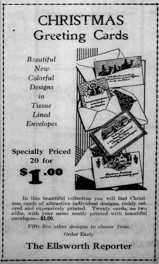 Advertisement from the Ellsworth Reporter - Kansas 11 Dec 1930, Thu • Page 14. You could even get your name printed on them for that price. The price of a first-class stamp was 2 cents but later in the decade, it went up to 3 cents.