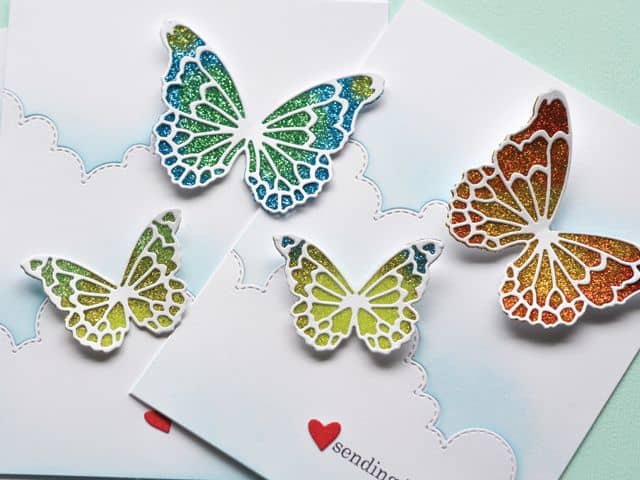 One of my favorite ways to use glitter glue is to create glitter butterflies. Stamp a butterfly shape and decorate with the glitter view of your choice