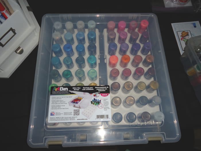 This art bin is perfect to store all of your glitter glues. Holds a lot of product. This is my preferred storage