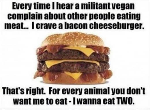 Seriously, before I knew about veganism, I didn't appreciate meat so much. Now I mostly eat meat, and I enjoy it more knowing vegans hate me for it.