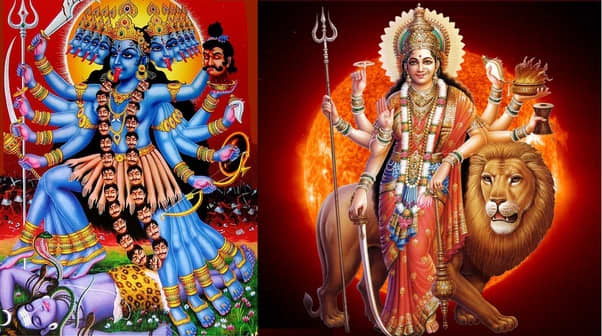 Kali (left) represents uncontrolled consciousness, Durga (right) represents controlled consciousness