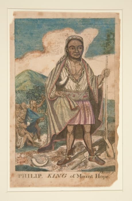 "Philip, King of Mount Hope," a line engraving colored by hand by the American engraver and silversmith Paul Revere