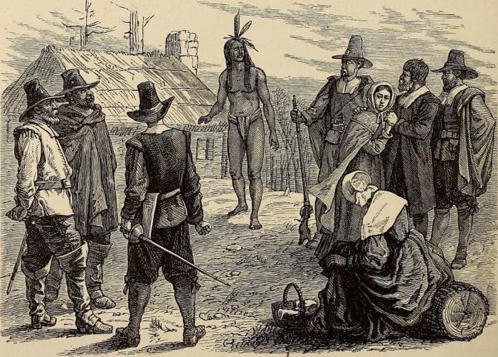 Samoset comes "boldly" into Plymouth settlement; woodcut designed by A.R. Waud and engraved by J.P. Davis in 1876