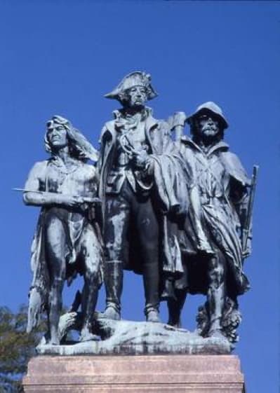The monument depicts Maj. Gen. "Mad" Anthony Wayne flanked by a Native American scout and a militia man.