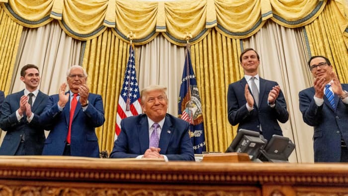 President Trump and his aides in the Oval Office on August 14, 2020 after the US successfully brokered a historic peace deal between Israel and the UAE