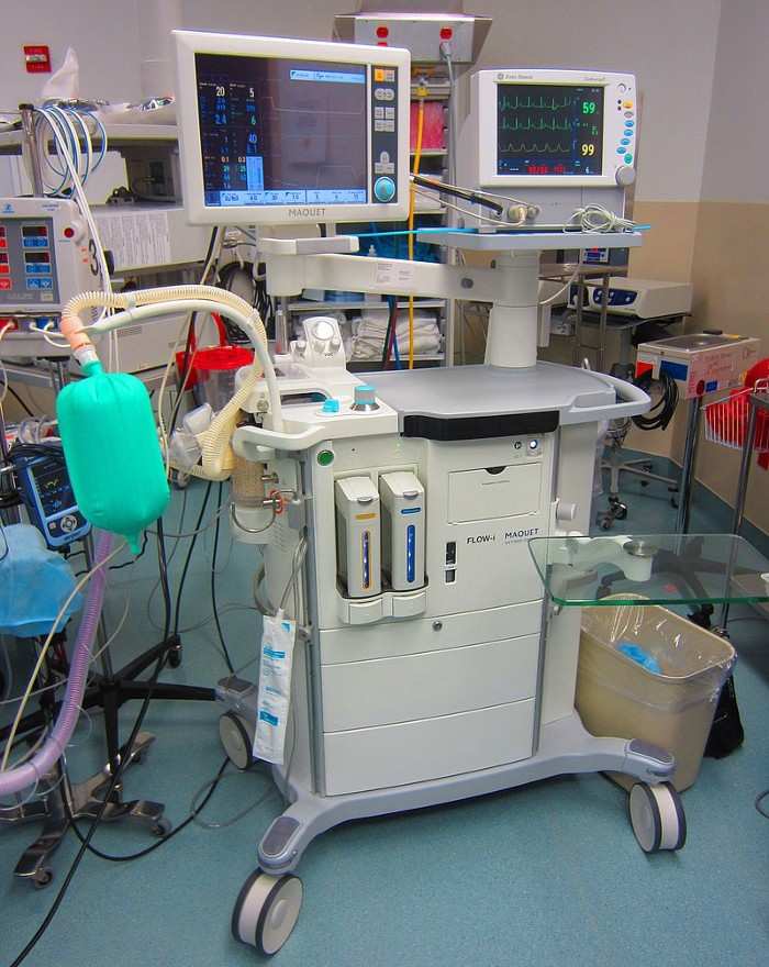 An anesthetic machine with integrated systems for monitoring of several vital parameters.