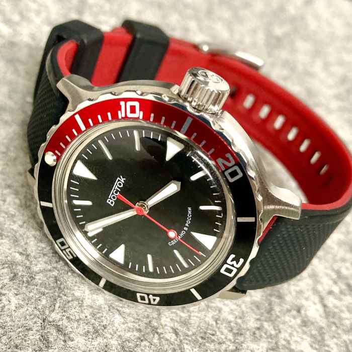 Vostok Amphibia SE on a black and crimson Barton Elite Silicone band