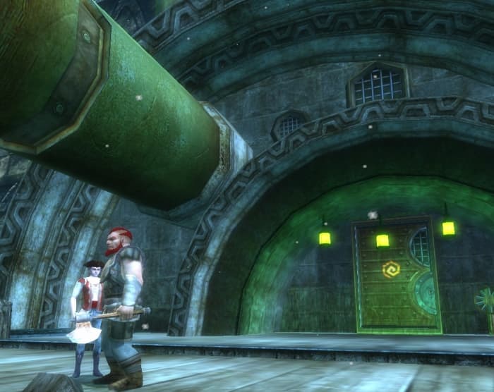 The harbormaster and an adventurer confer outside the entrance to one of several low level adventure areas in Stormreach: the Waterworks.