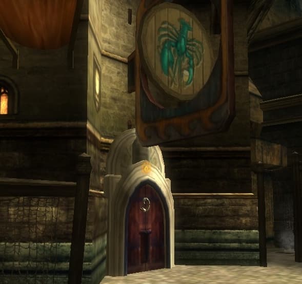 The entryway to the Wayward Lobster, a Stormreach Harbor tavern that features a busy PvP arena.