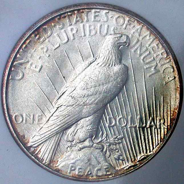 1922 S Peace Dollar Reverse Toned. Mintmark can be observed near the tail feathers. Photo Courtesy: coinpage.com