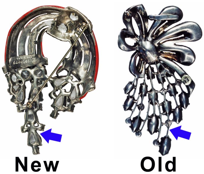 Fig. 1 Back side of a new one-piece molded mounting, left. Little space between settings; settings appear to be joined by a flowing channel of metal. The back of a typical vintage mounting, right, assembled from many separate pieces.