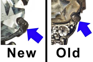 Fig. 2 Prongs on reproduction costume jewelry are wider, thicker and longer than original prongs. The new prongs shown left extend almost to the top of the stone. Prongs on vintage jewelry are typically just long enough to hold the stones in place.