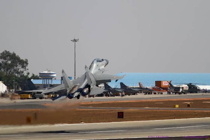 Su30 MKI while take off illuminating Thrust vectoring nozzles in Aero India Show in 2011