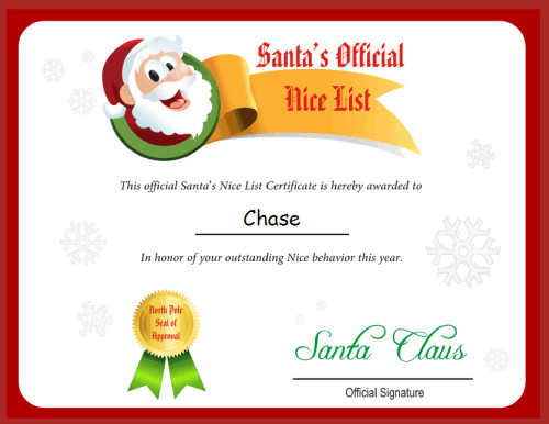 If you upgrade to the paid letter at Free Letter from Santa Claus.net, you can get a personalized Nice List certificate like the one shown here.