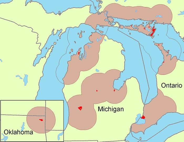 Ottawa dwellings in Ontario, Michigan and Oklahoma, with Reserves/Reservations and bands in red.
