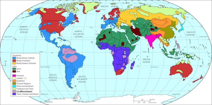 WORLD RELIGIONS (RED FOR PROTESTANT, BLUE FOR CATHOLIC, MUSTARD FOR ORTHODOX, GREEN FOR SUNNI, BROWN FOR SHIA, PINK FOR HINDU, ORANGE FOR BUDDHIST, AQUA FOR SHINTO, PEA GREEN FOR CONFUCIUS. LIME GREEN, LAVENDER, AND PURPLE FOR TRIBAL)