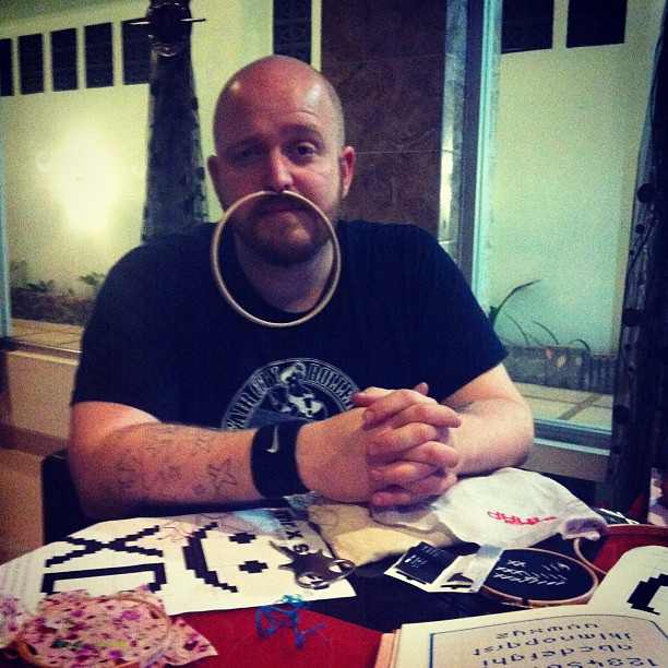 Oh no, @mrxstitch is going delusional with lack of sleep & decided to have an embroidery hoop as a nose ring.