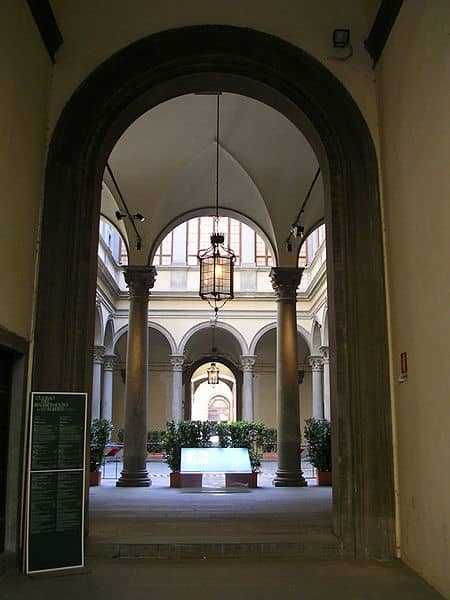 Courtyard of Palazzo Strozzi in Florence, Italy. Notice the arches, columns, mouldings and decorateive details, all part of Renaissance architecture.